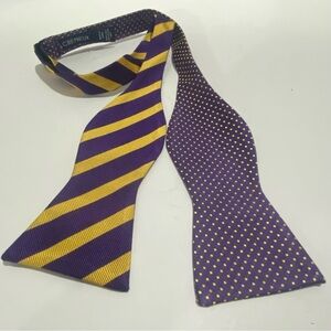 Cremieux Mens Silk Bow Tie Purple Gold Stripes Polka Dots Two Pattern Adjustable